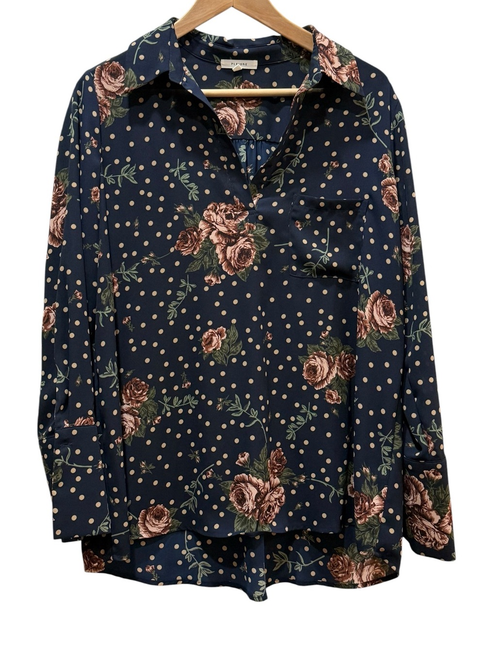 Pleione Floral Polka Dot Blouse Navy Blue Long Sleeve Boho Feminine M NWOT